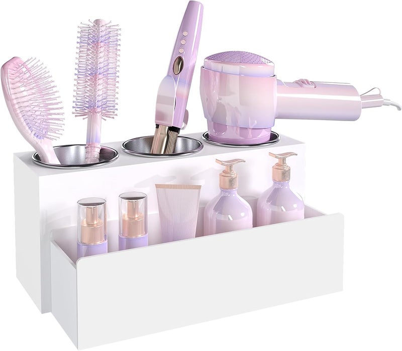 PITBVO Hair Tool Organizer, Acrylic Hot Hair Styling Tool Organizer with 3 Cups, Hair Dryer Holder for Bathroom Organization Bedroom Vanity Countertop Caddy Storage Curling Iron Stand (Glossy White) - Image 1